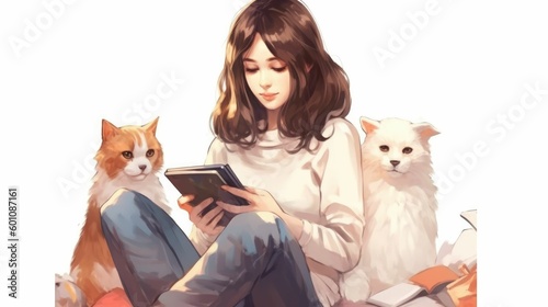 Sketch of a girl with phone and pets