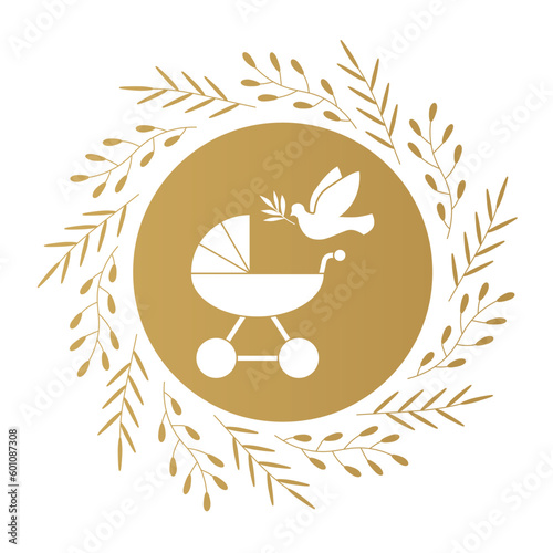 golden Baptism invitation design template with pram and dove with olive twig and floral wreath -vector illustration