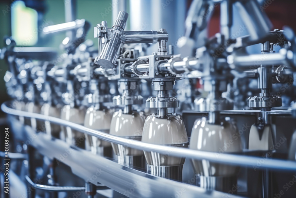 A selective focus shot of complete milk bottling line in a factory