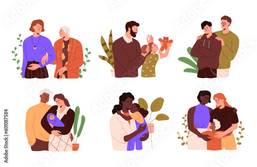 Parent and children relationship, communication concept. Diverse happy families with kids set. Support, care, love with mom, dad, child. Flat graphic vector illustrations isolated on white background