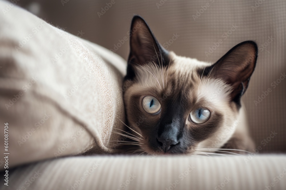 Studio portrait photography of a curious siamese cat scratching against a comfy sofa. With generative AI technology