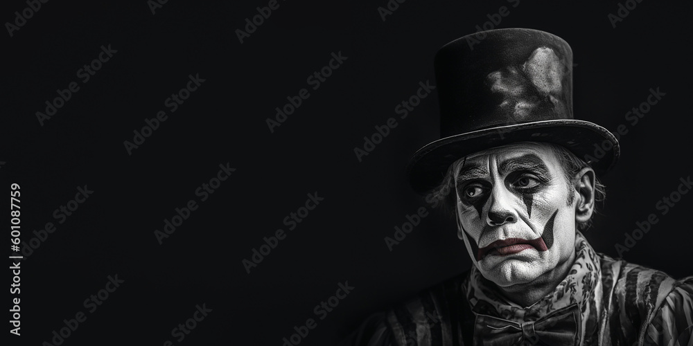 Black and white photorealistic studio portrait of a sad clown on black background. Generative AI illustration Black and white photorealistic studio portrait of a sad clown on black background. Generative AI illustration