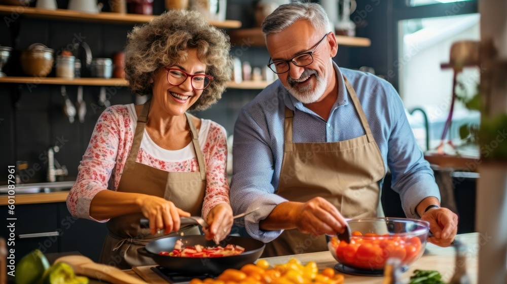 Couple cooking together at the kitchen stove