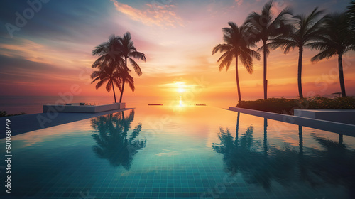 Outdoor luxury sunset over infinity pool swimming summer beachfront hotel resort, tropical landscape. Beautiful tranquil beach holiday vacation background. Generative AI