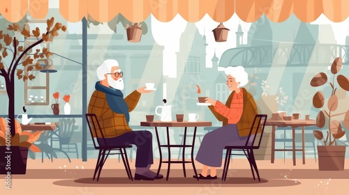 Illustration of elderly couple drinking coffee