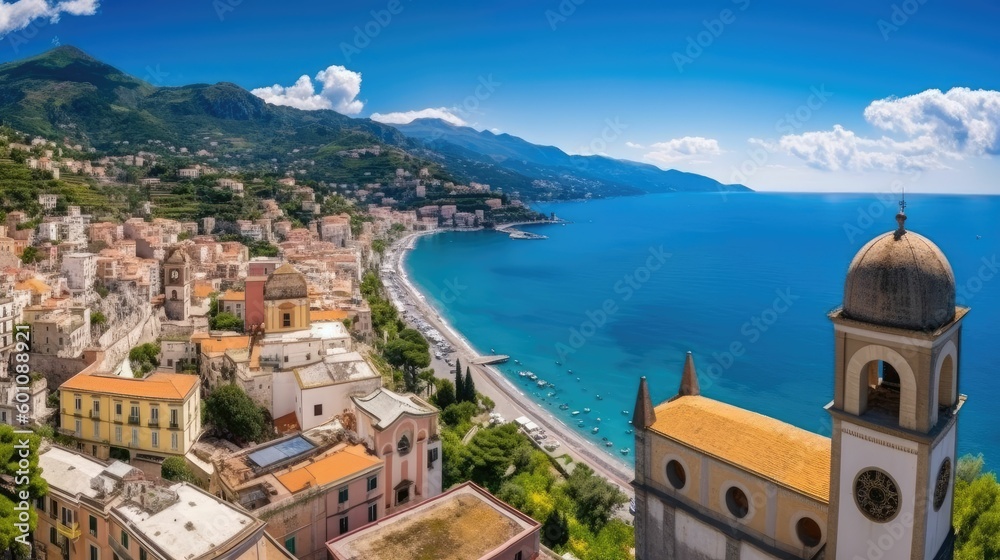 Panoramic view of beautiful Amalfi on hills leading down