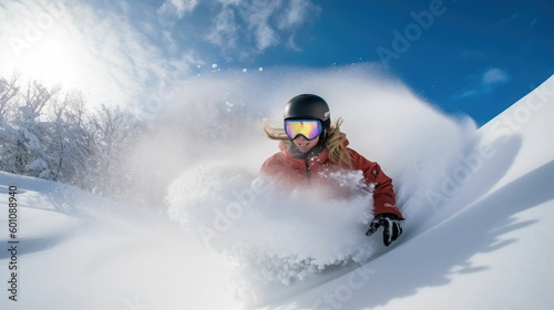 Snowboarding through powder