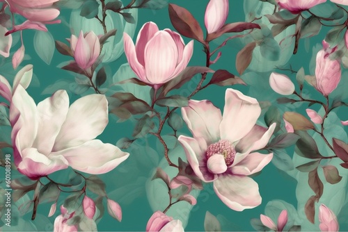 decoration pattern floral design background flower magnolia wallpaper watercolor seamless leaf. Generative AI.