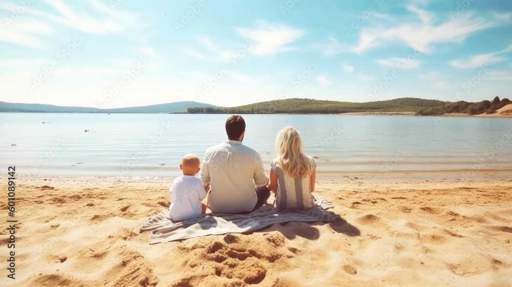 Young family of three sitting on sand by water Young family of three sitting on sand by water