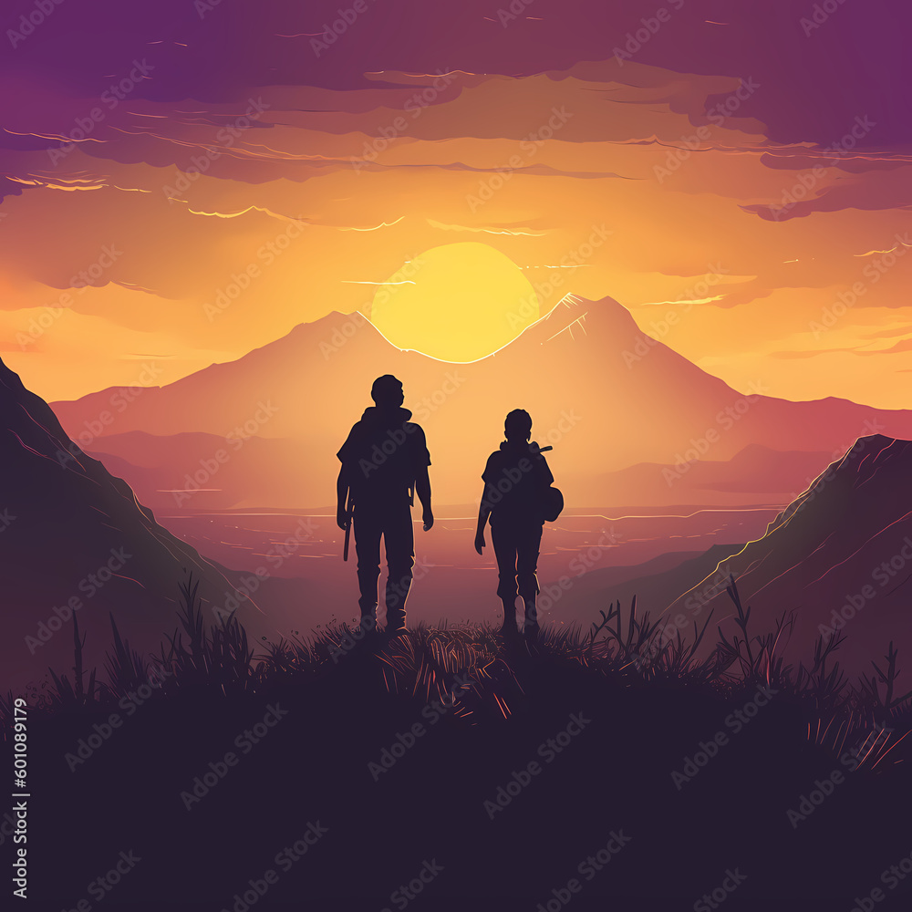 silhouette of a couple hiker in the mountains. Generative AI