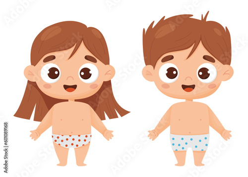 Two cute smiling kids in shorts. Vector illustration in cartoon style. Childrens collection. Isolated funny kids on white background