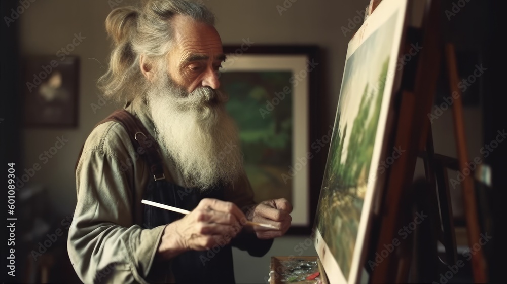 Mature man painting at easel with palette in hand
