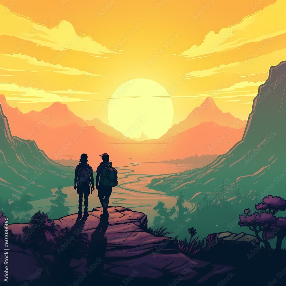 silhouette of a couple hiker in the mountains. Generative AI silhouette of a couple hiker in the mountains. Generative AI