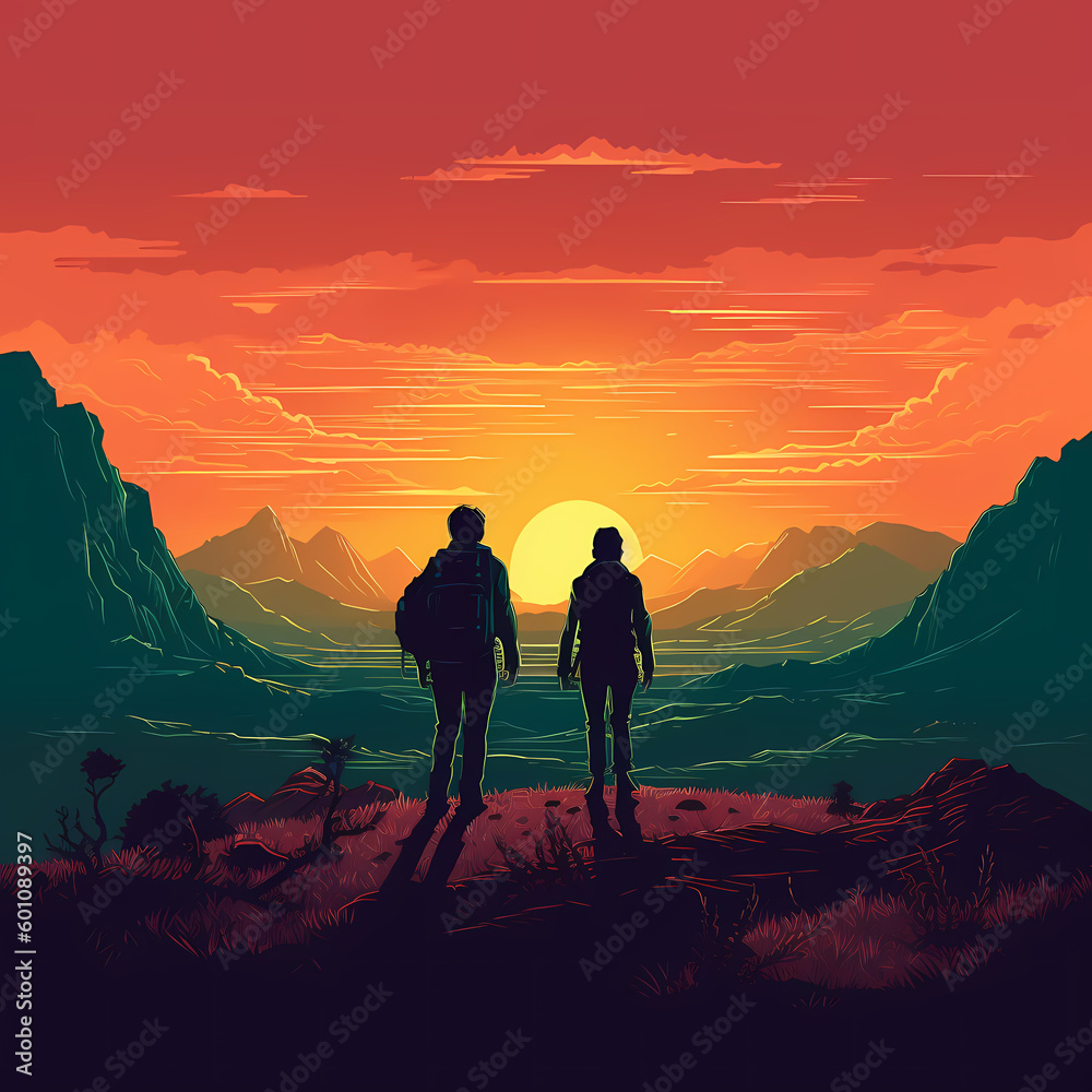 Obraz premium silhouette of a couple hiker in the mountains. Generative AI