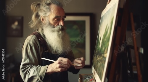 Mature man painting at easel with palette in hand