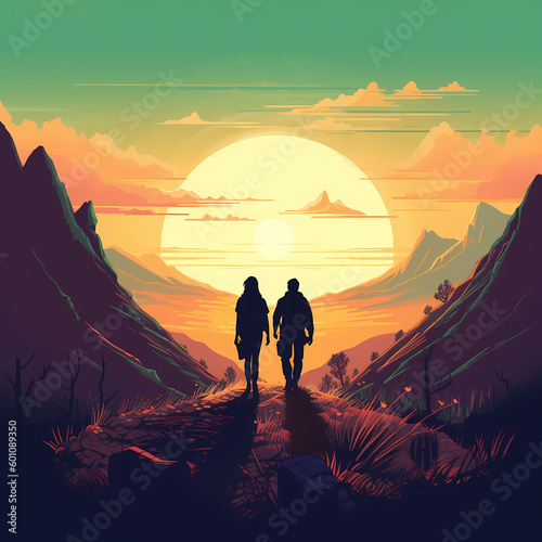 silhouette of a couple hiker in the mountains. Generative AI © premiumdesign