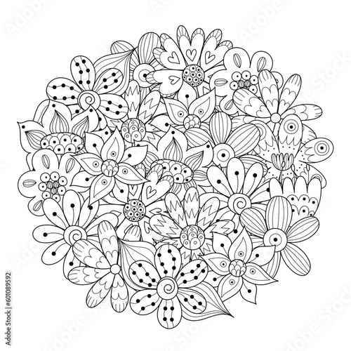 Doodle flowers circle shape coloring page. Hand drawn floral mandala for coloring book. Vector illustration