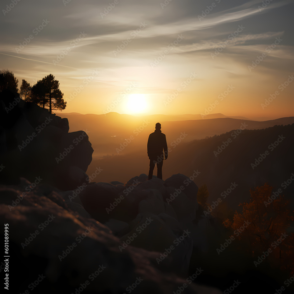 Silhouette of a person on the top of the mountain. Generative AI