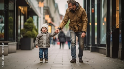 Father holding hands with toddler boy on street