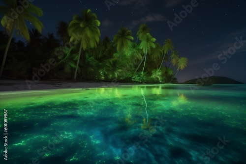 blue tropical sky palm beach luminous tree night vacation ocean paradise. Generative AI.