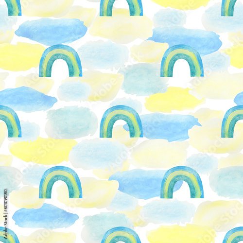 Watercolour illustration. Yellow and blue rainbows and clouds. Seamless floral pattern-263.