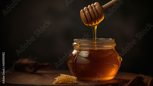 Jar of honey honey is poured from a wooden ladle with a black in the background. Generative AI