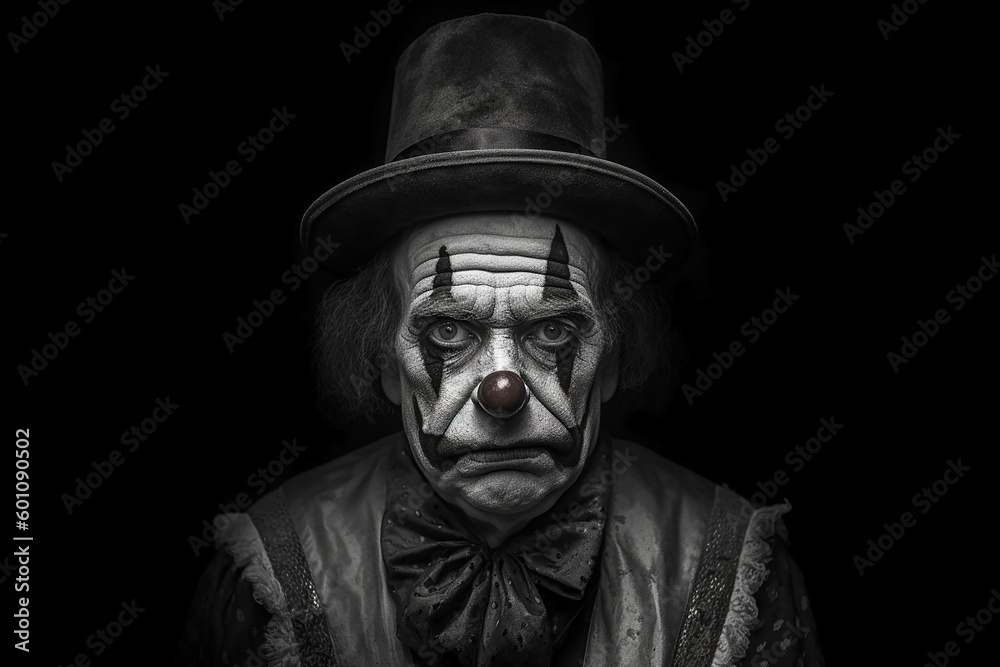Black and white photorealistic studio portrait of a sad clown on black background. Generative AI illustration Black and white photorealistic studio portrait of a sad clown on black background. Generative AI illustration
