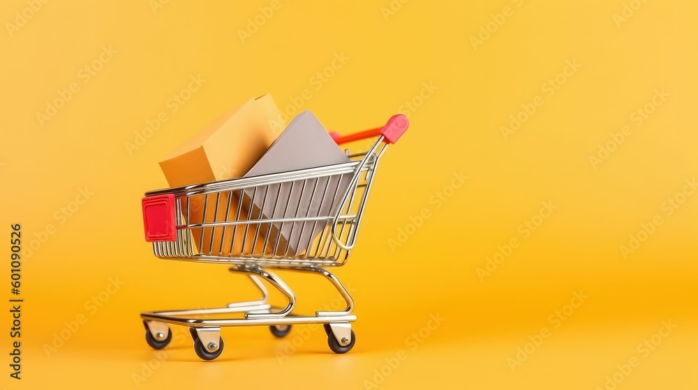Small paper shopping bags with shopping cart on yellow background