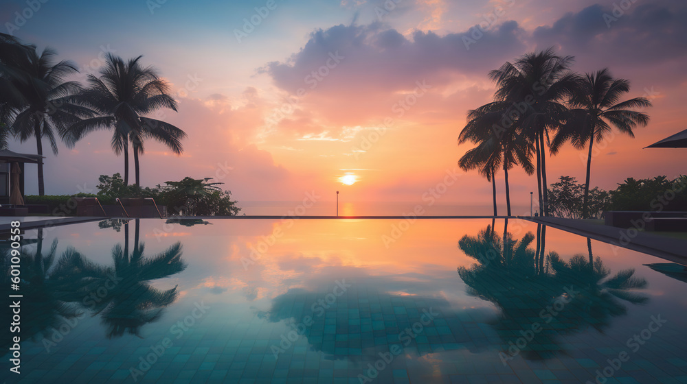 Outdoor luxury sunset over infinity pool swimming summer beachfront hotel resort, tropical landscape. Beautiful tranquil beach holiday vacation background. Generative AI