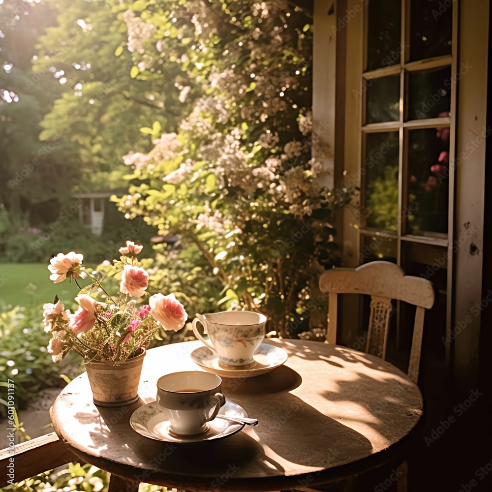 A tea table in a peacefull garden, cozy reading nook, A tea table in a peacefull garden, cozy reading nook,