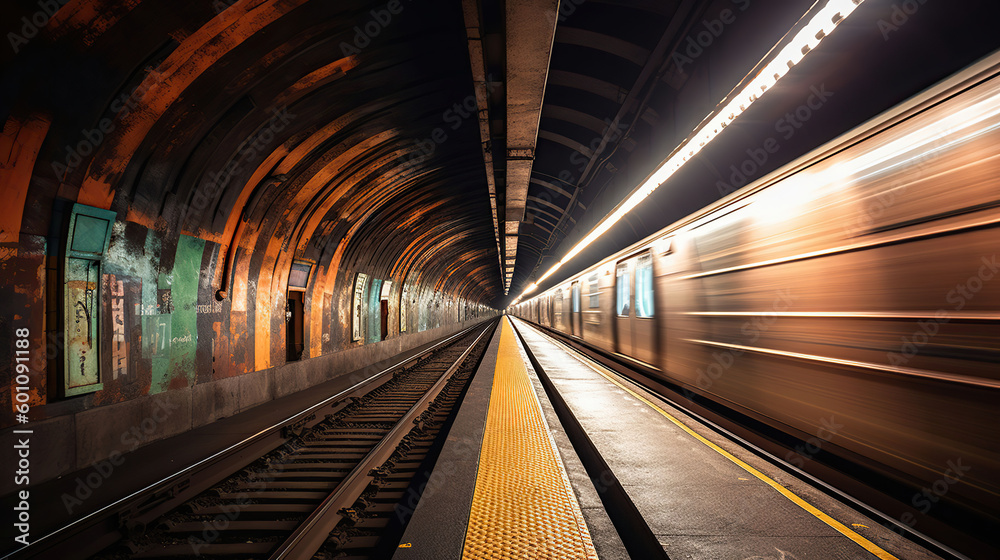 Obraz premium Subway tunnel with blurred light tracks with arriving train in the opposite direction. Generative AI