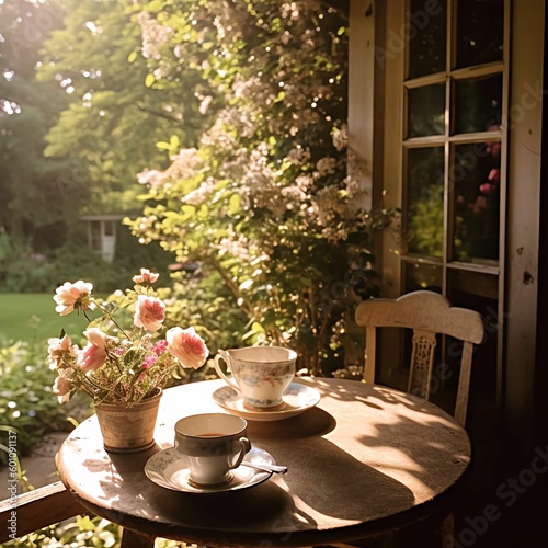 A tea table in a peacefull garden, cozy reading nook, photo