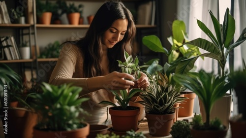 Young woman inspecting leaves on green houseplant