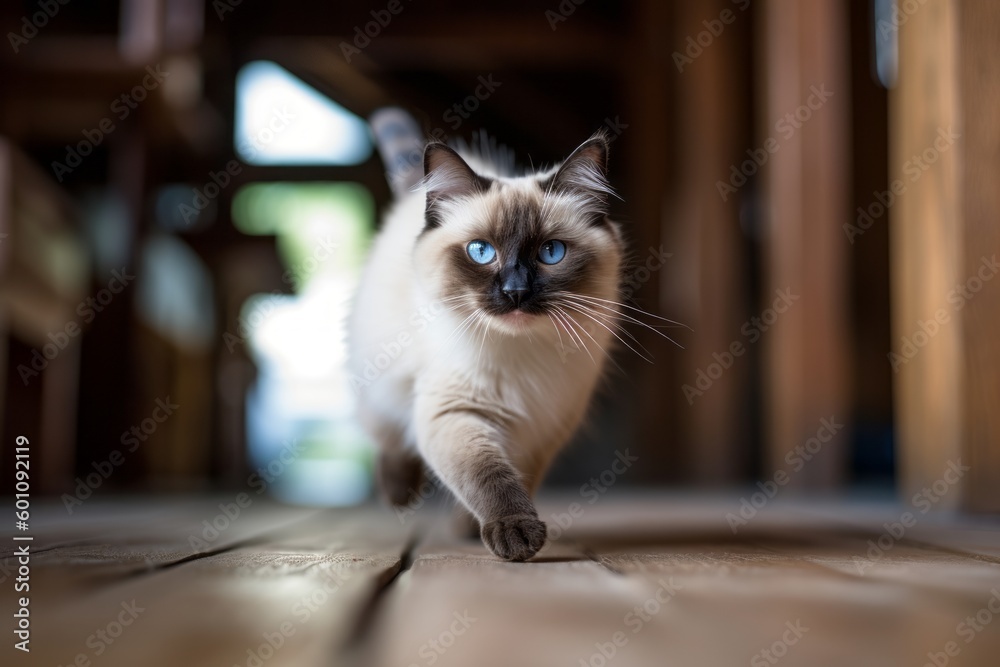 Medium shot portrait photography of a smiling balinese cat hopping against a rustic wooden floor. With generative AI technology