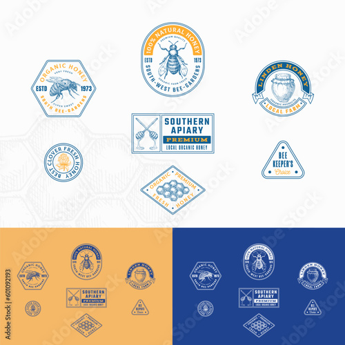 Bee Honey Farm Retro Framed Badges and Logo Templates Collection. Hand Drawn Beekeeping Apiary Honeycomb Hive Illustrations with Retro Typography. Vintage Engraving Style Emblems Set Isolated