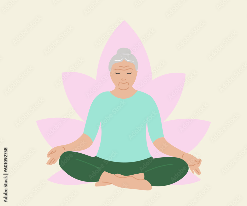 Old adult lady mental health recovery vector illustration. Psychical relief aged elder lady doing meditation. Mature woman self care flat drawing Isolated Old adult lady mental health recovery vector illustration. Psychical relief aged elder lady doing meditation. Mature woman self care flat drawing Isolated