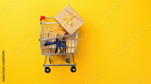 Miniature supermarket cart with shopping bags