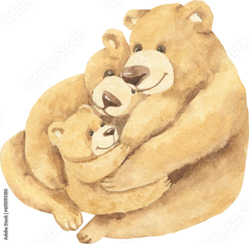 A watercolor drawing of a bear hugging a baby bear.