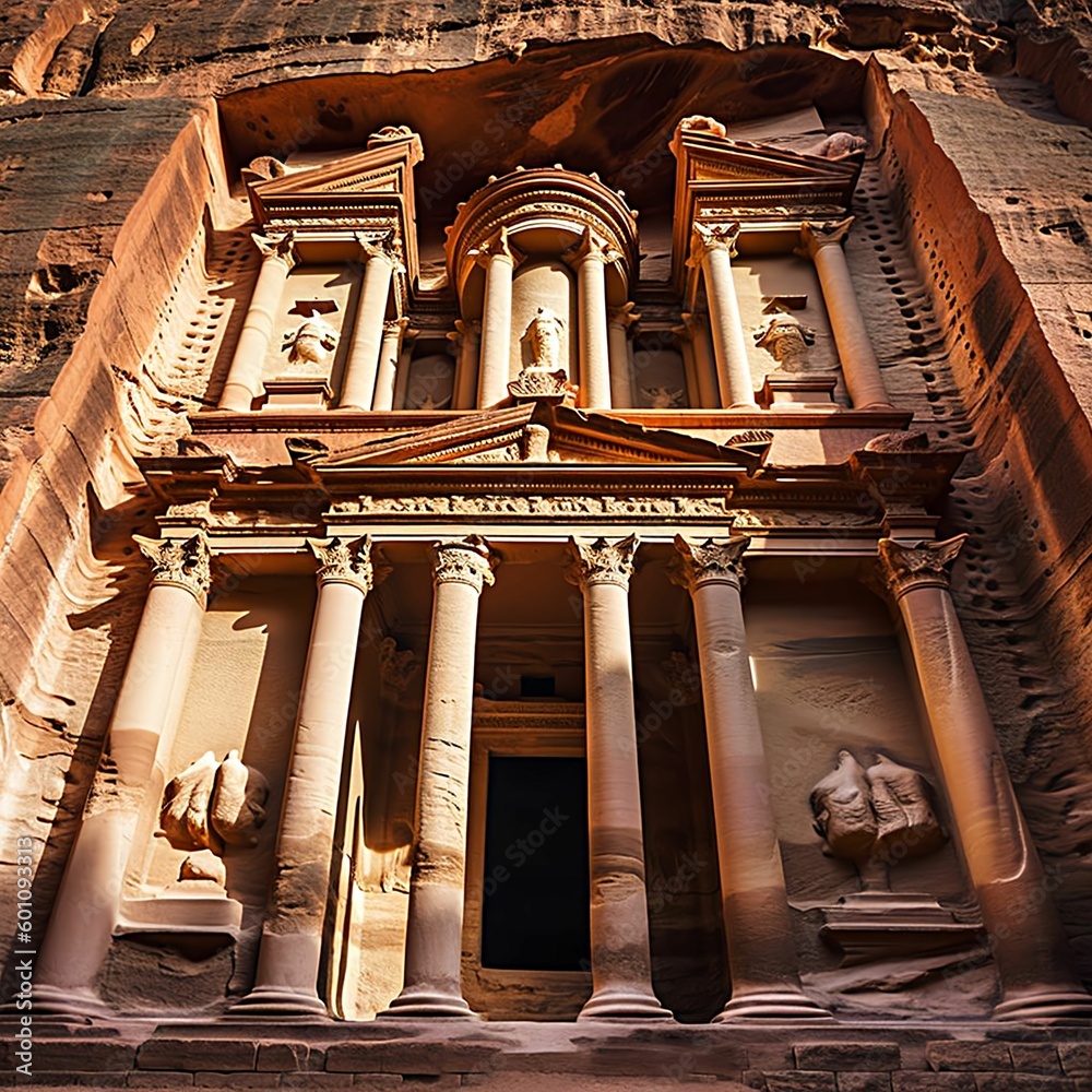 Architecture of Petra in Jordan, with its towering red sandstone cliffs and intricate carvings