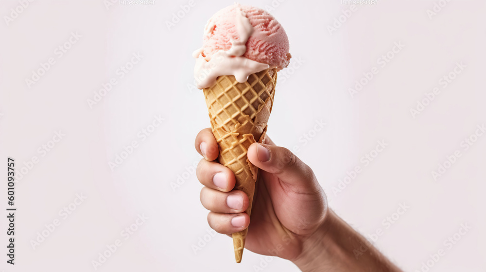 Satisfying Summer Treat, Handheld Milk Ice Cream on a Crispy Waffle Cone Held by a Mans Hand. Generative AI