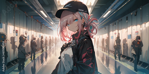 a girl in a black jacket and pink hair is standing in a line, in the style of nightcore urban environment subway station high quality improved generative ai photo