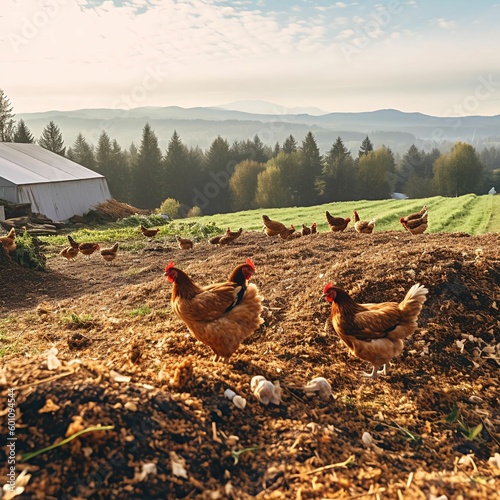 A flock of free-range chickens on regenerative farm in the background.