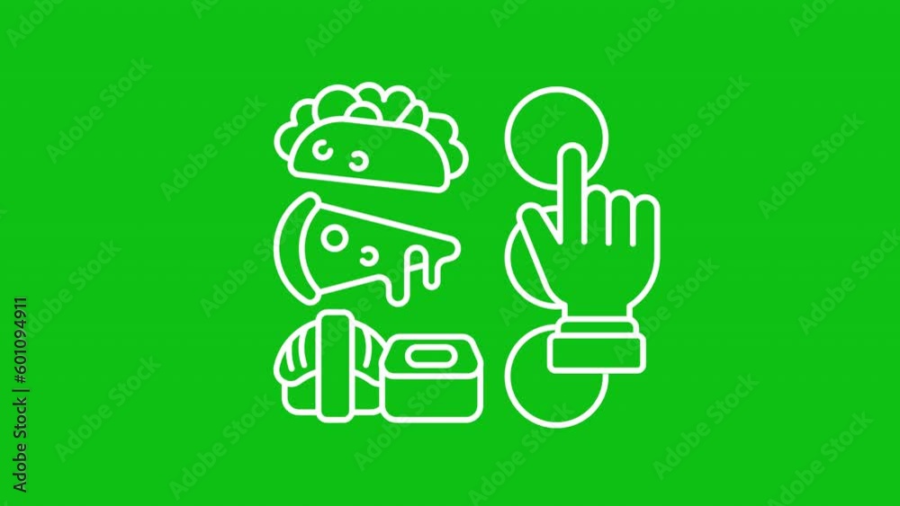 Choose cuisine white icon animation. Animated line hand moves between restaurants and clicks. Loop HD video with chroma key, alpha channel, transparent background. Outline motion graphic animation Choose cuisine white icon animation. Animated line hand moves between restaurants and clicks. Loop HD video with chroma key, alpha channel, transparent background. Outline motion graphic animation