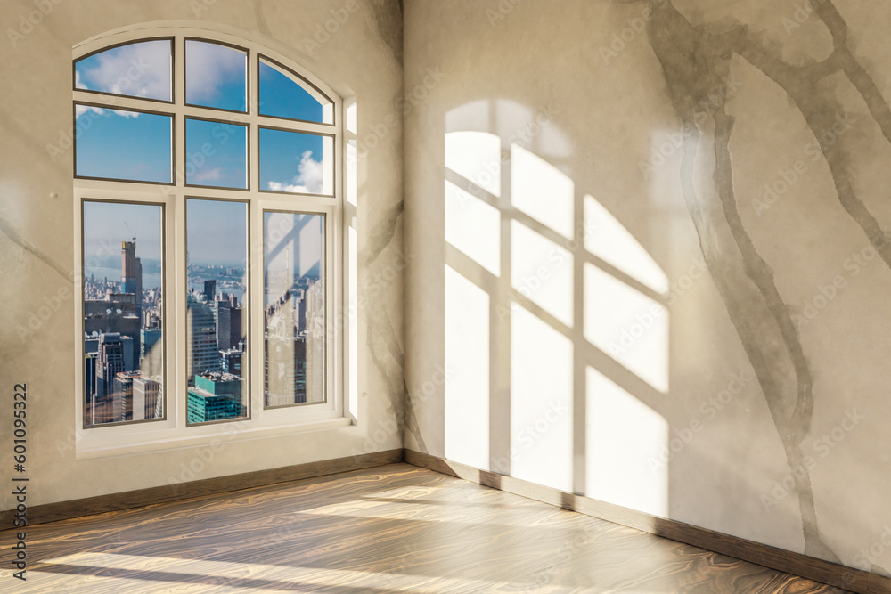 empty urban appartment with skyline view and brigth sunlight trough arched window; modern architecture design; 3D Illustration