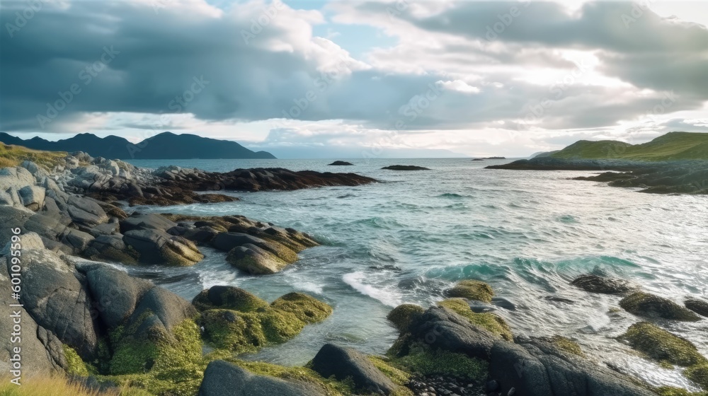 Rocky seashore with cloudy sky and wilderness