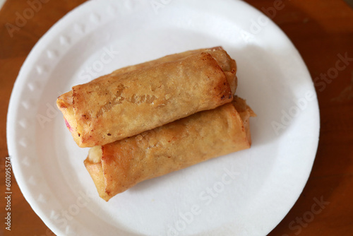 Lumpia or lunpia, traditional snacks from Indonesia. Traditional spring rolls contain stir-fried bamboo shoots, eggs, and chicken or shrimp