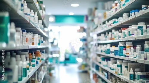 Blurred background of a drugstore with defocused lights photo