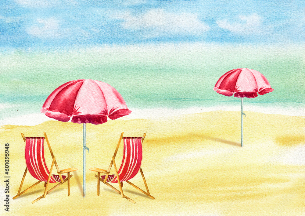 watercolor sunbed and sun umbrella on the sea coast, red and white striped deckchairs on the beach, sketch of seascape, summer illustration