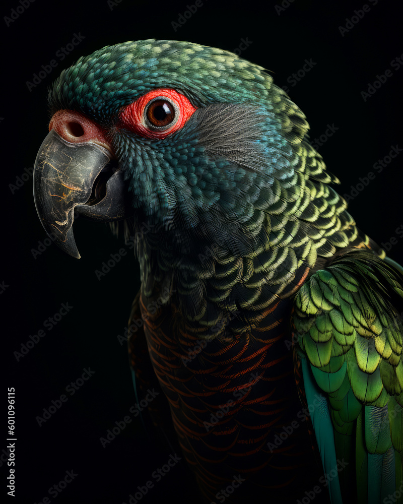 Portrait of colorful exotic bird. Pretty parrot on dark background. generative ai.