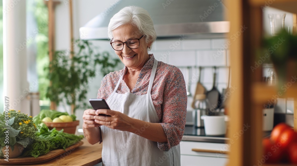Senior woman using a smartphone in the kitchen